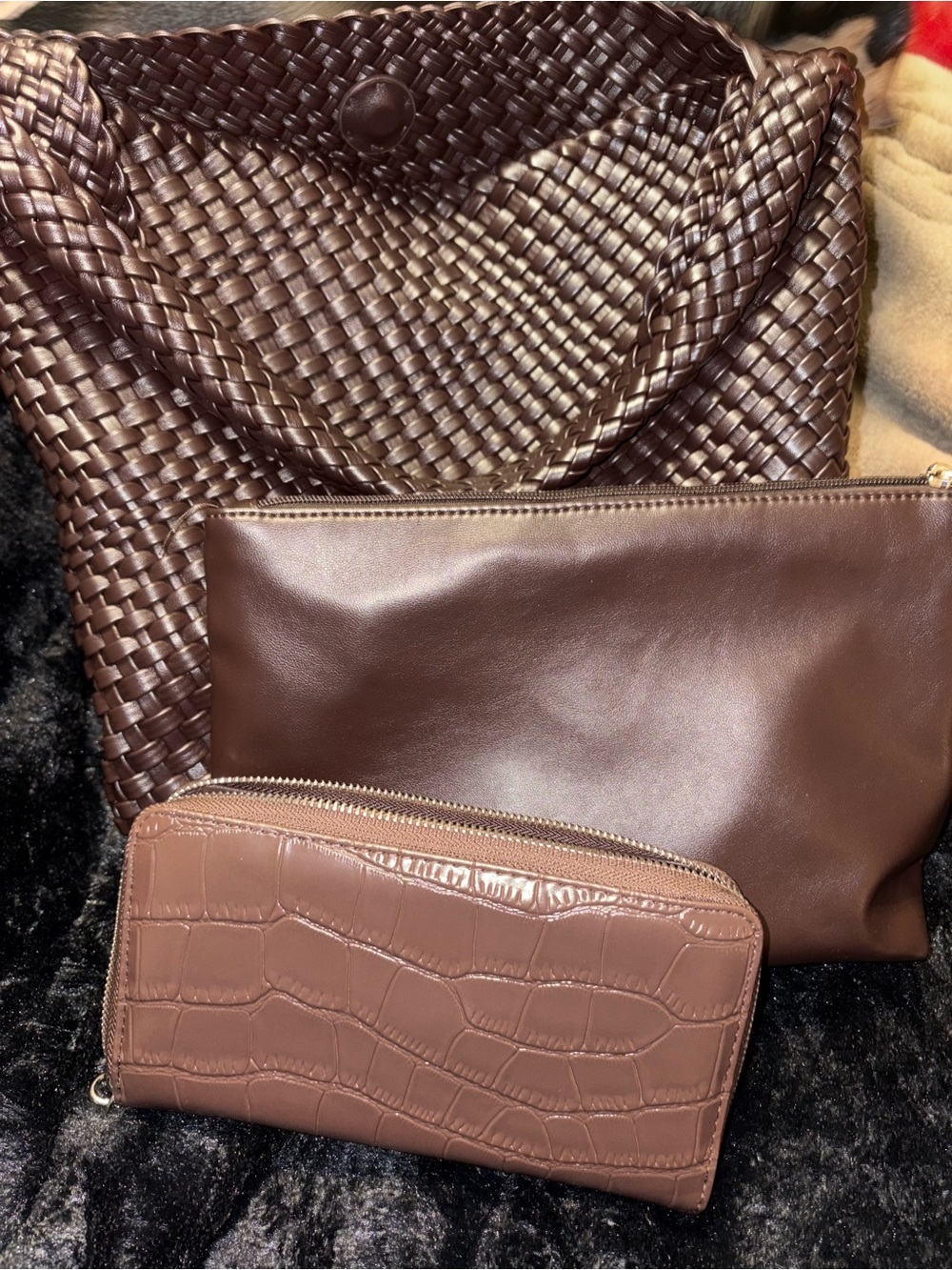 T.J.Maxx Brown Woven Tote with Matching Brown Leather Pouches